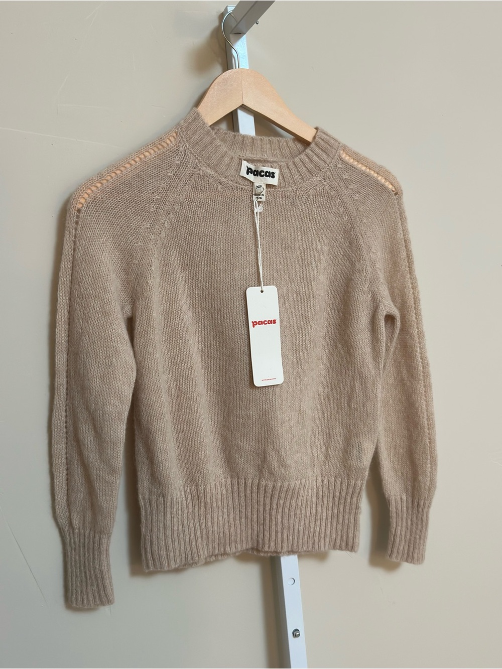 Pacas XS NWT Baby Alpaca Merino Wool Crewneck Sweater White Melange tan